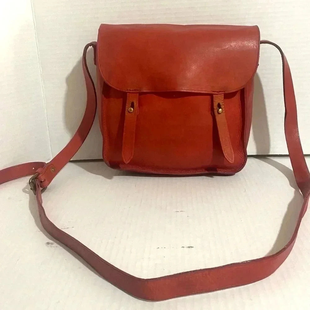 Madewell Orange Red Distressed Leather Crossbody Handbag